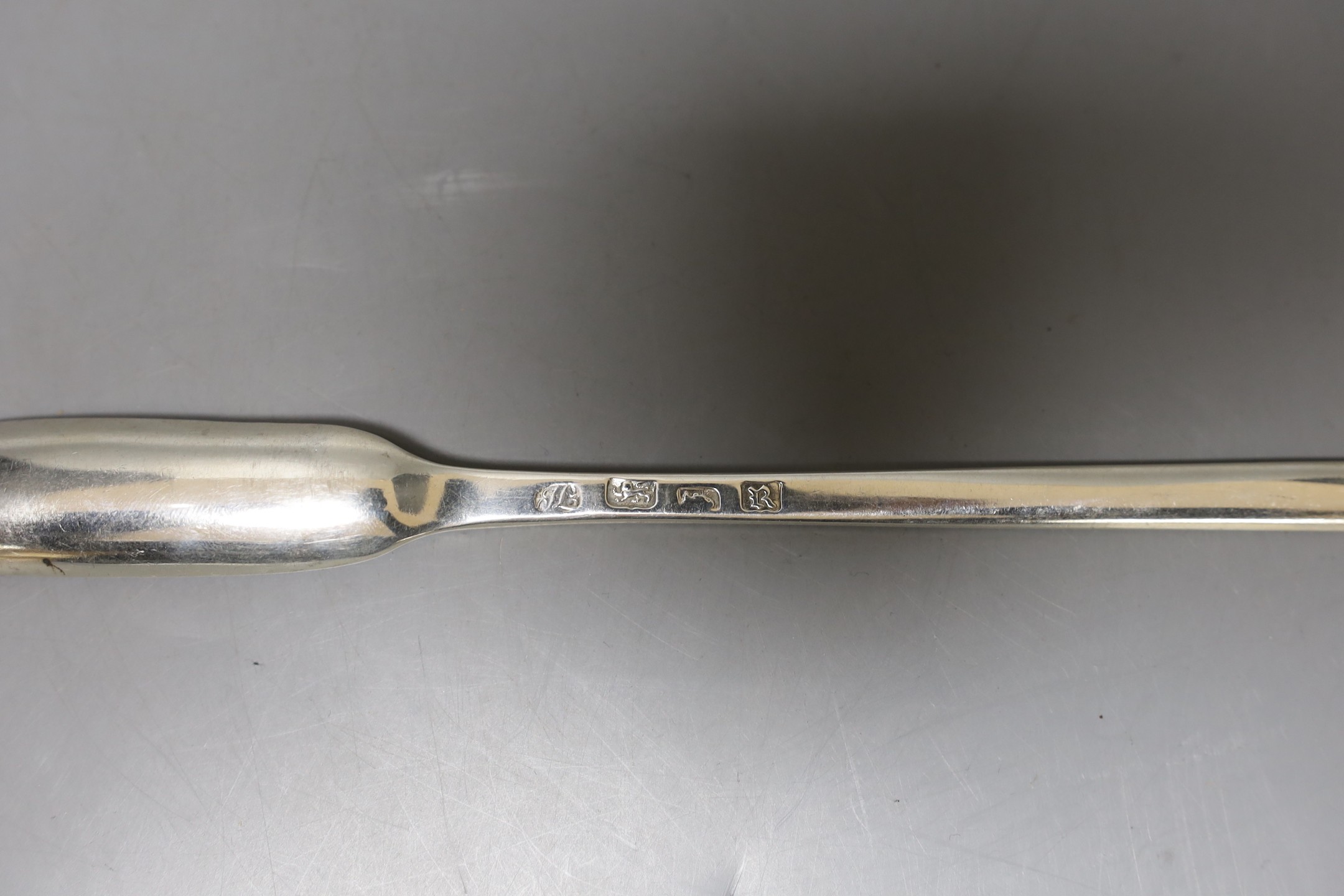 A George III silver feather edge marrow scoop, John Lampfert, London, 1772, 22cm, 45 grams.